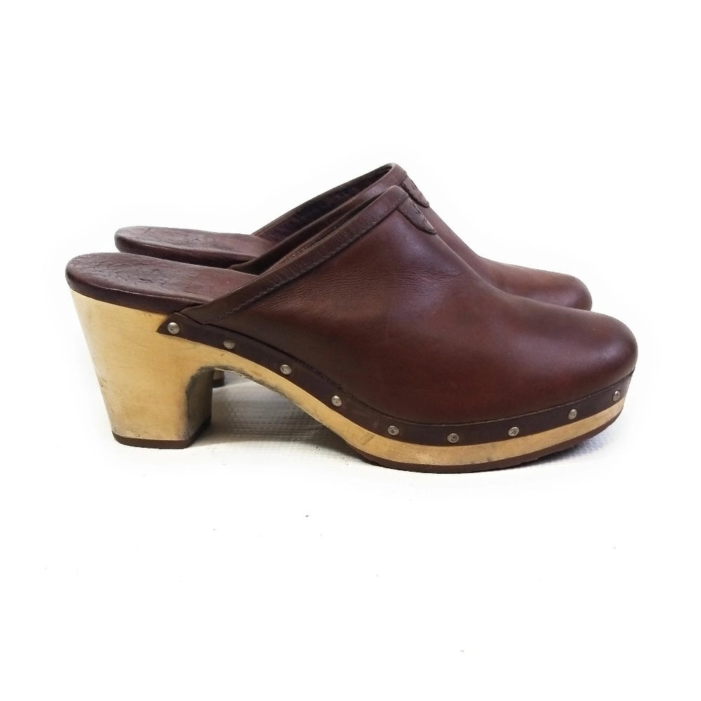 Vintage UGG Australia Abbie Wooden Clogs Mules Mahogany Brown Leather Size 7